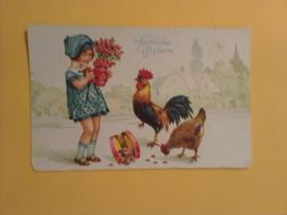 AK Ostern Color Mädchen Hahn Huhn Eier
