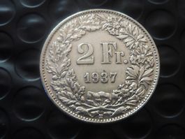 2 Fr. 1937  Auflage nur 0,25 Mio. -  Ungereinigt  -