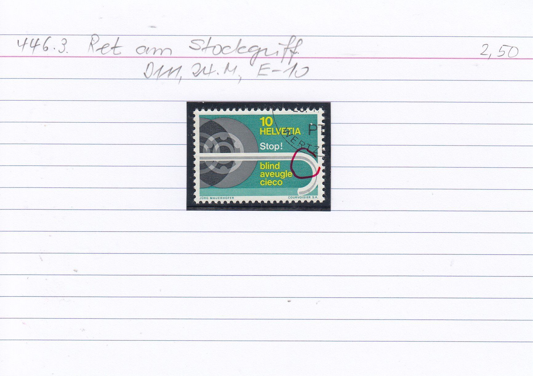 Tutti i francobolli: 446.3. £Retusche am Stockgriff, Bogen D111, 24. Marke, E-10 – Usato da Spreitenbach venduto da Lienbi01 2