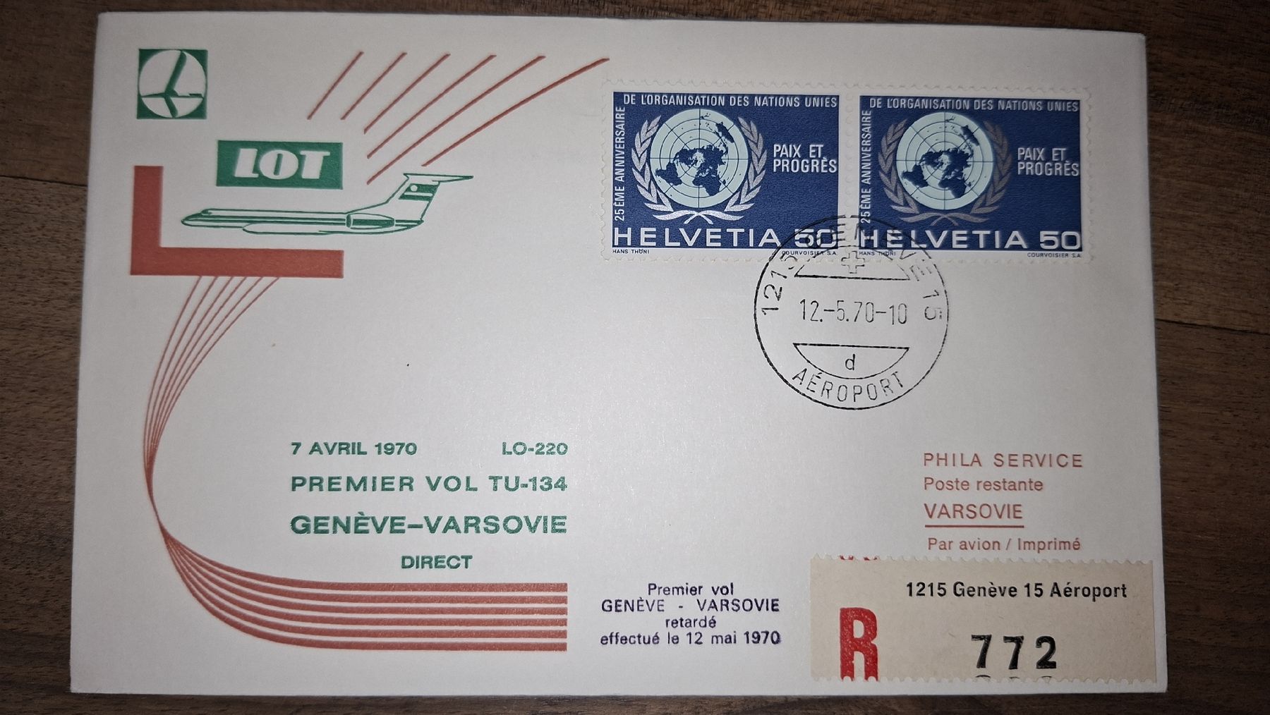 Tutti i francobolli: LOT Geneve - Varsovie 07.04.1970 – Usato da Balgach venduto da SIMEON27