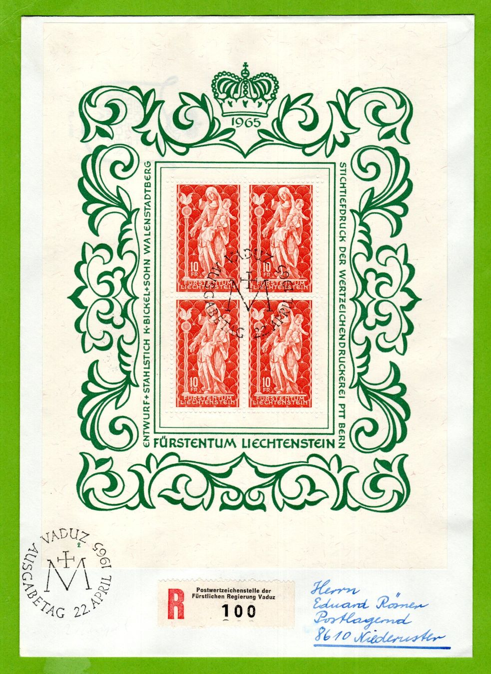 Tutti i francobolli: 1965 FDC Madonna von Schellenberg Ankunftsstempel LBK 75.-- – Usato da Stein am Rhein venduto da Huehnerhund