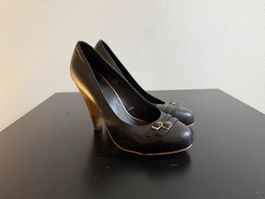 Schwarze Castro Pumps, Echtleder, Gr. 38, Holz-Optik Top!