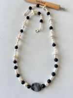 Longkette Echtperlen Onyx Picasso Marmor 925 Silber 60cm Neu