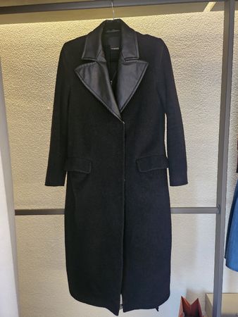 Pinko Black Wool Blend Coat with Leather Details EU38