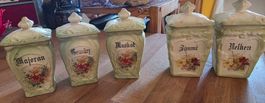 Antike Gewürzgläser, 5er Set, Blumenmuster, Vintage Küche