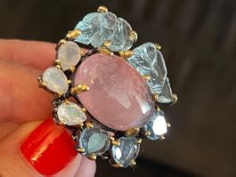 🎁 Morganite-Aquamarin-Moonstone SS925 14k Gold Vermeil Ring
