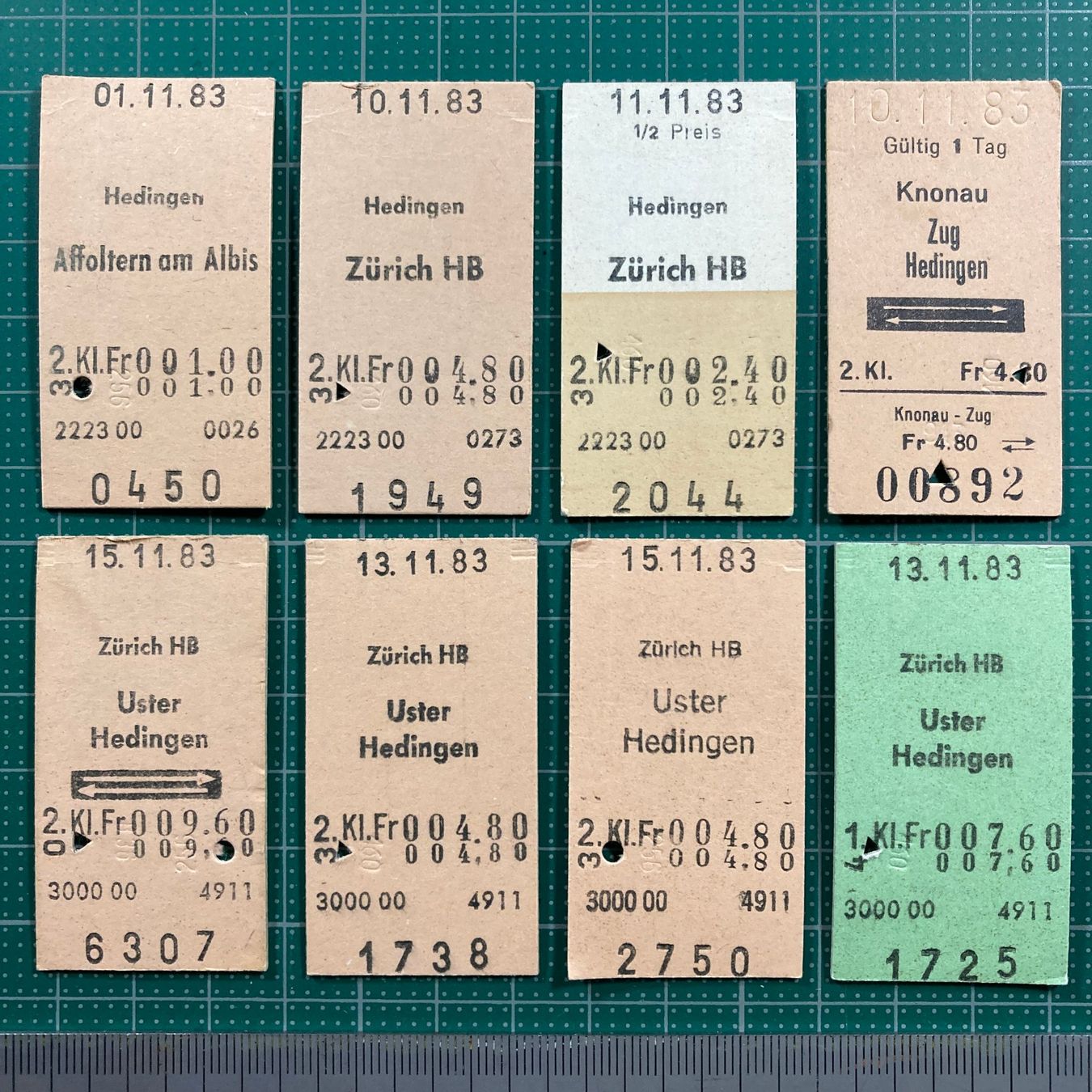 Tickets: Hedingen, 8 alte Edmondsonsche Bahn Billette, SBB, 1983 – Gebraucht aus Lenzburg von fh1
