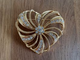 Elegante goldene Vintage-Brosche "Herz" mit Strass, wie neu