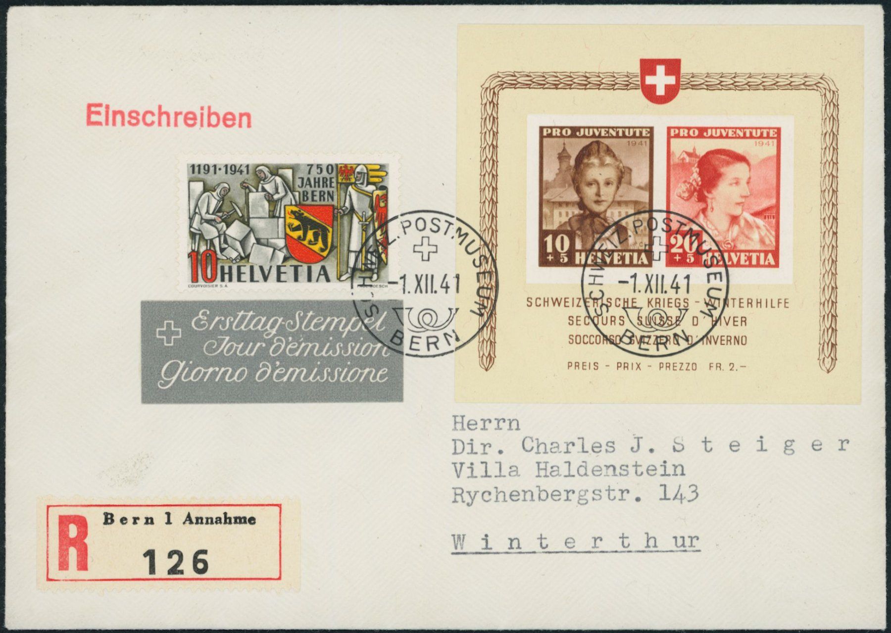 Alle Briefmarken: 1941 - Pro Juventute - Block - Ersttagsbrief FDC - Gaudard – Gebraucht aus Schindellegi von leecollect
