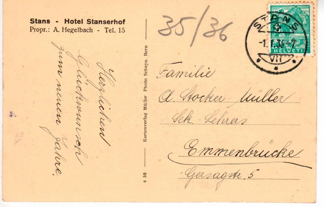 Cartoline postali: Stans - Hotel Stanserhof 1936 – Usato da Wolhusen venduto da Curver9 1