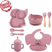 ELEFANT Babygeschirr 9er Set–aus Silikon mit Saugnapf (Rosa)
