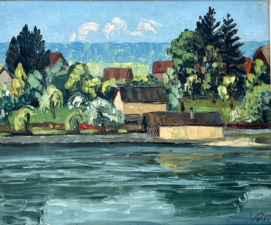 Rolf Vollé, Ölgemälde, Rhein mit Häusern 2