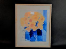 Gerahmtes Blumenbild in Blau & Gelb