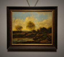Vintage Pastoral-Ölbild mit Schafherde, signiert, gerahmt