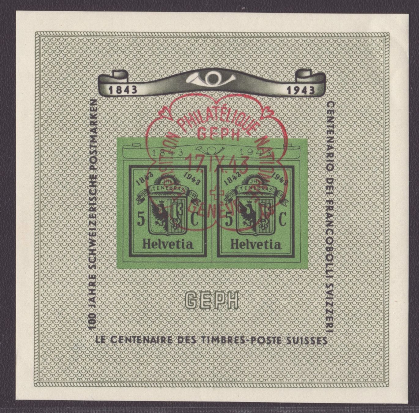 Tutti i francobolli: W18 1943 Bloc GEPH obl 17.IX.43 – Usato da Delémont venduto da Silte