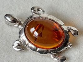 Schildkröte Bernstein Brosche, Silber 925, NEU