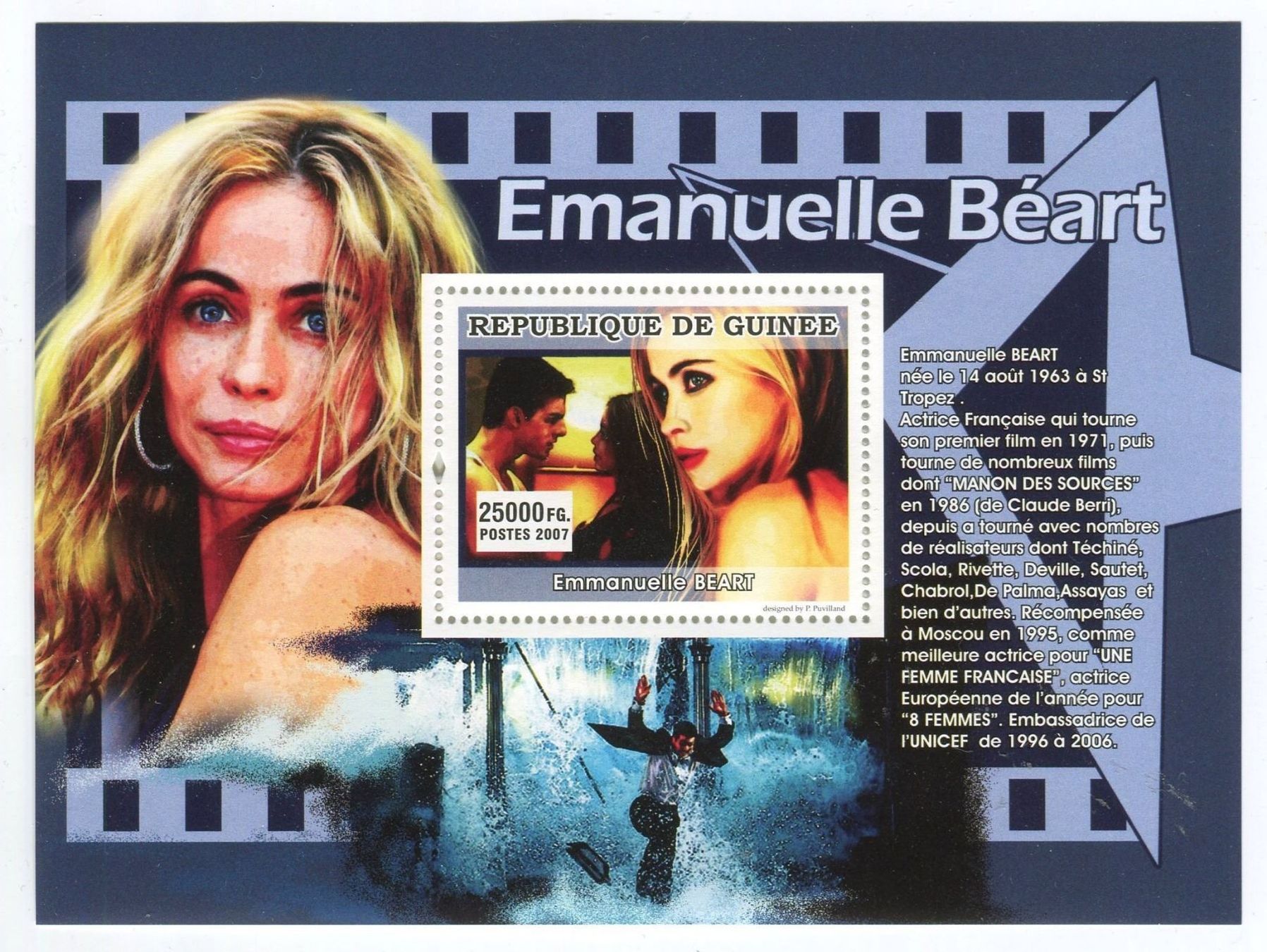 Tutti i francobolli: Block "Emmanuelle Béart". Guinea. – Nuovo e nell'imballaggio originale da Basel venduto da Butsch5