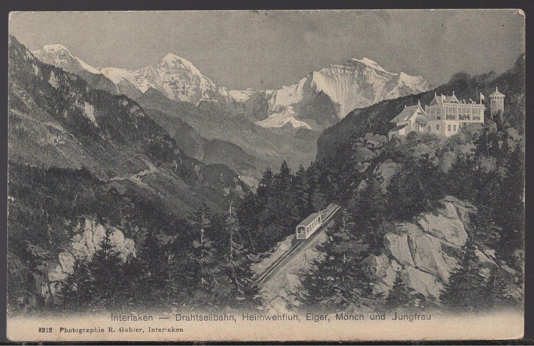 Cartoline postali: Interlaken - Drahtseilbahn - Heimwegfluh Eiger, Mönch, Jung. – Usato da Aarau venduto da kufi44