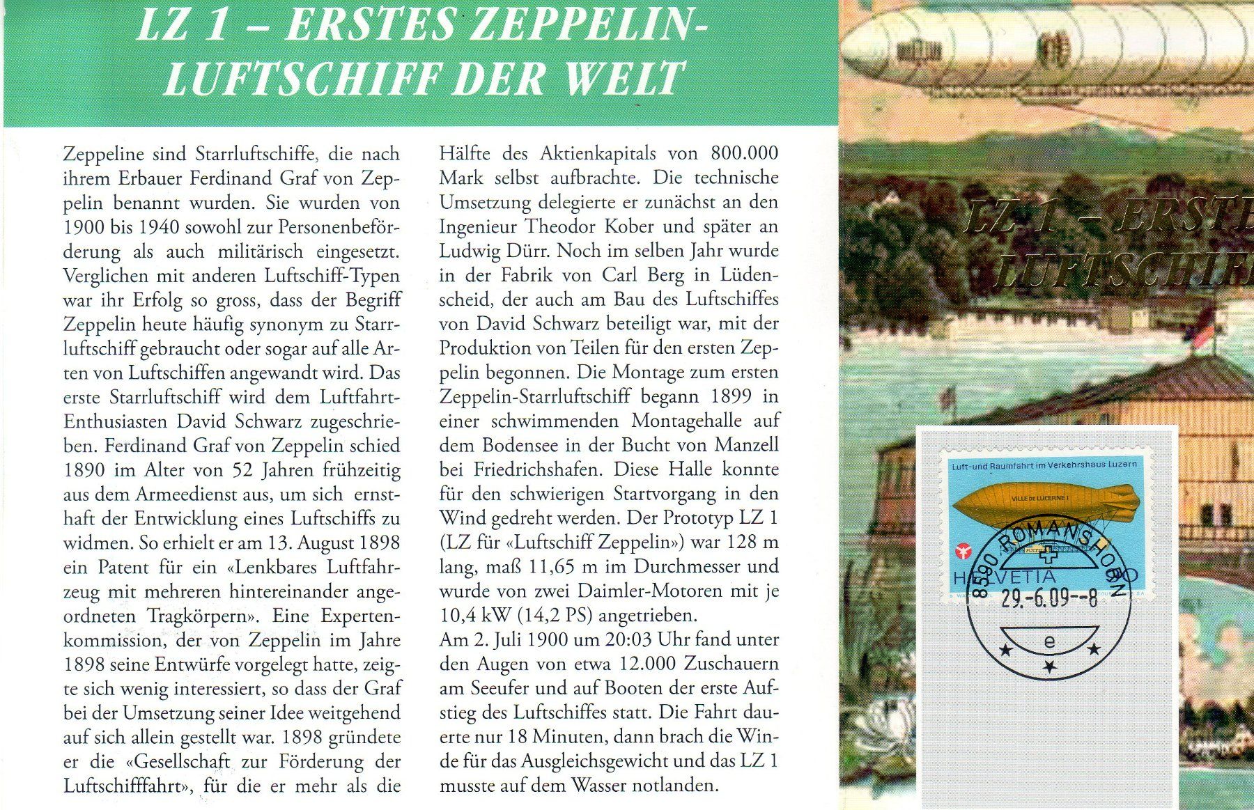 Tutti i francobolli: ERSTER ZEPPELIN LUFTSCHIFF DER WELT FOLDER ROMANSHORN - BR60 – Usato da Losone venduto da EM2019 2