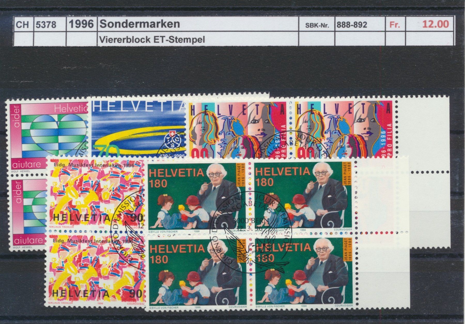 Tutti i francobolli: 1996 "Sondermarken", Viererblock, ET - Stempel – Usato da Winterthur venduto da Zupogeru