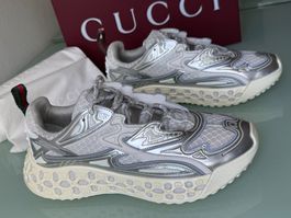 GUCCI Cub3D GG Silber Weiss Leder Low Top Sneakers 41 NEUE
