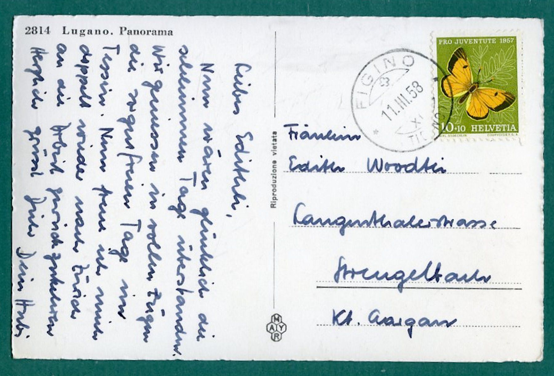 Cartoline postali: Lugano, Panorama, 1958, gelaufen – Usato da Sargans venduto da Hausi1951 1