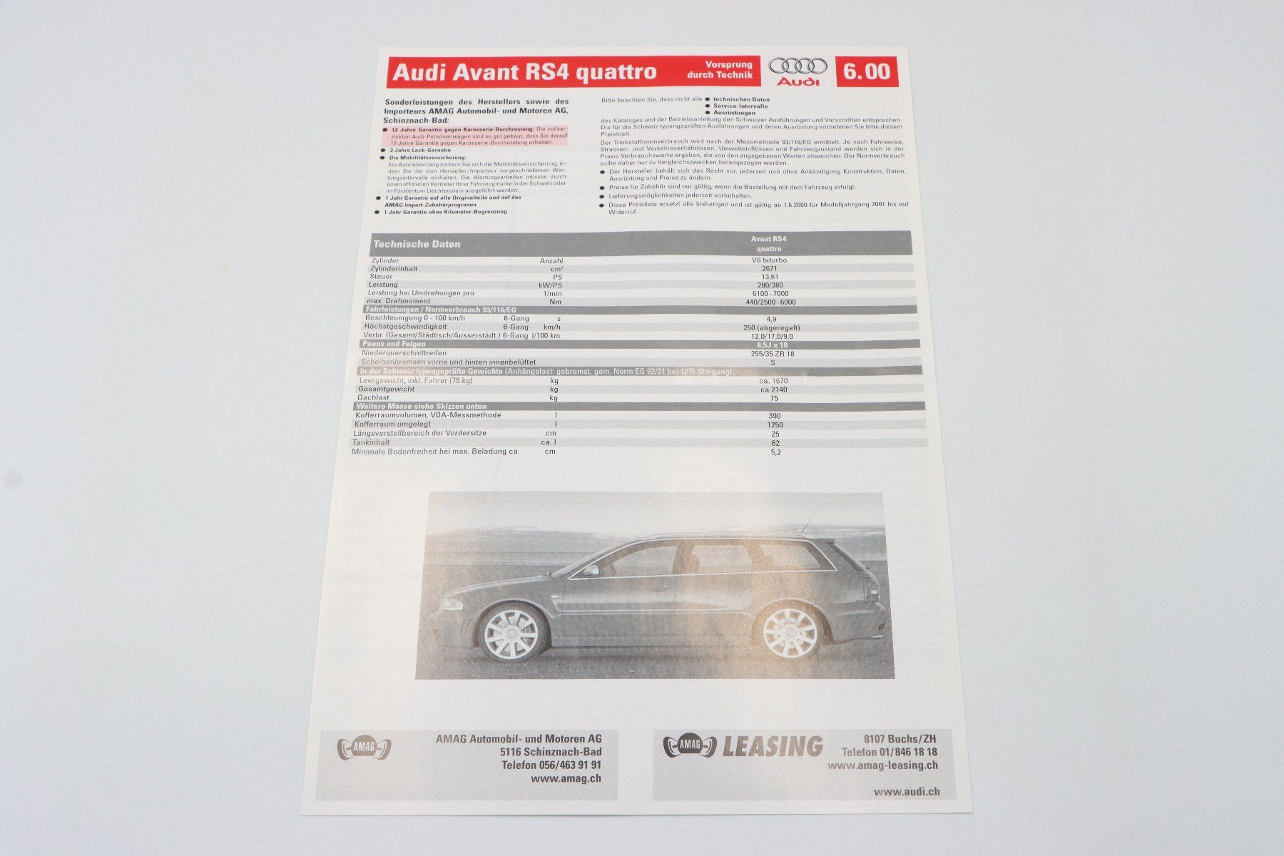 Audi Documenti: Audi RS4 Avant B5 1999 Prospekt + Datenblatt – Usato da Bühl b.Aarberg venduto da Collectorpassions 7