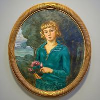 Ancien Portrait de jeune fille aux roses huile sur toile