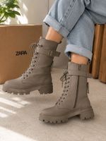 ZARA Damen Stiefel Gr. 38 Taupe mit Schnürung & Schnallen