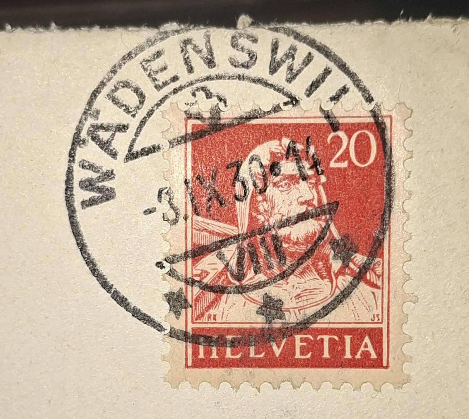 Alle Briefmarken: Wädenswil / Datumstempel 09.09.1930 / Tell  – Gebraucht aus Balgach von SIMEON27 3
