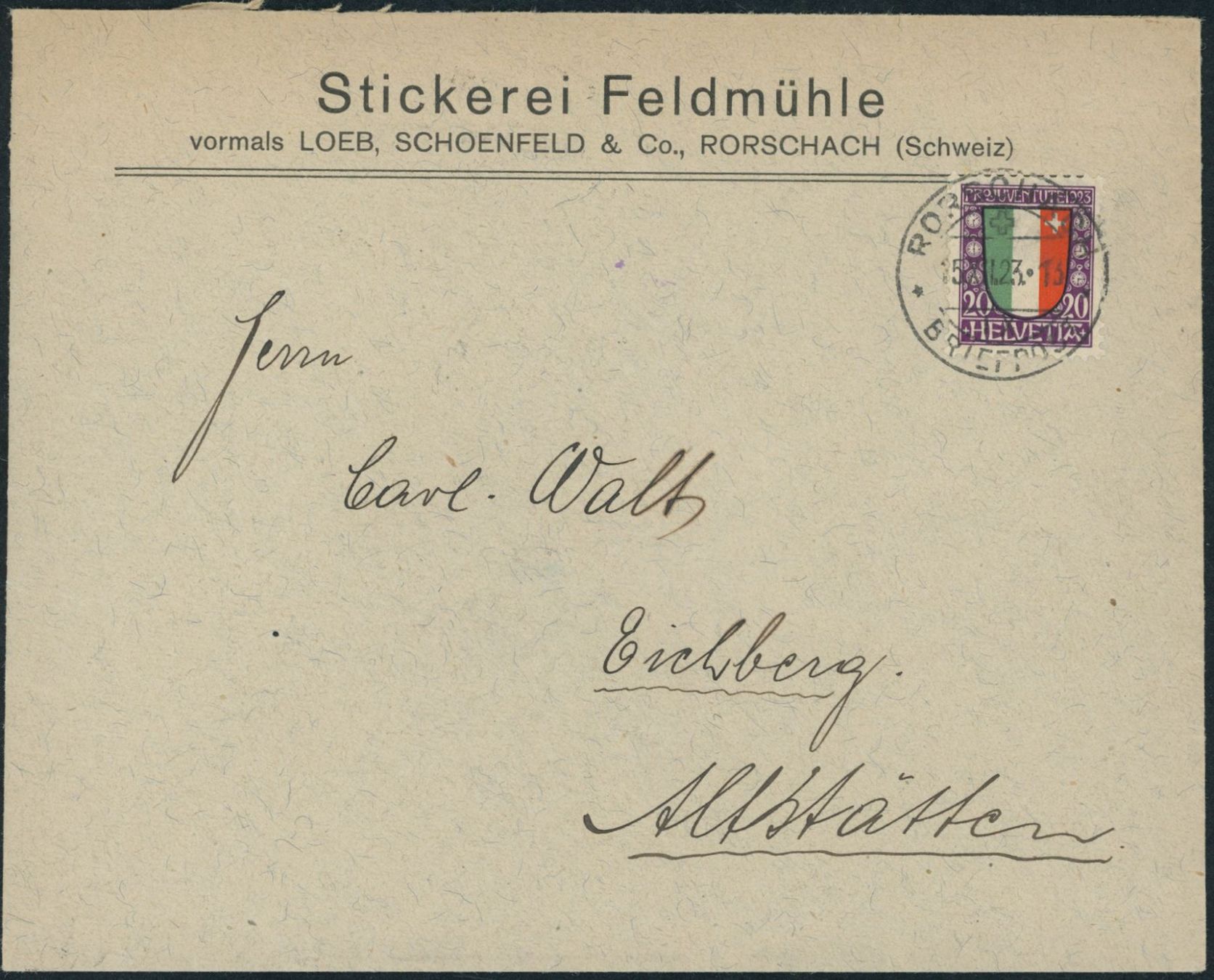 Tutti i francobolli: 1923 - Pro Juventute - Brief - EF - Rorschach SG – Usato da Schindellegi venduto da leecollect