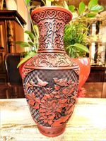 Antique Large Cinnabar Vase Deep Cut Brass Inside & Bottom