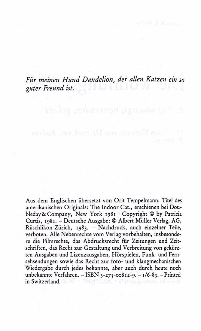 Libri: Curtis Patricia, Die Wohnungskatze – Nuovo (secondo la descrizione) da Sarnen venduto da Livres 4
