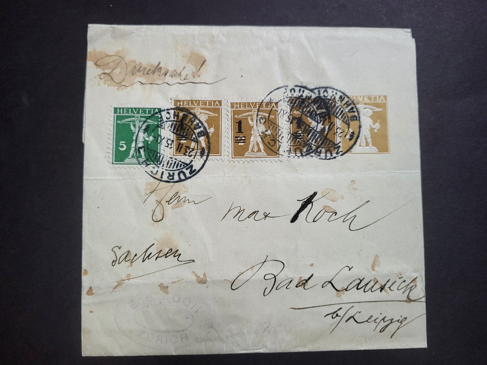 Alle Briefmarken: 1915, Manschette  / Umschlag nach Bad Lausick – Gebraucht aus stäfa von brandy66