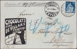 FRIBOURG 1911, "CHOCOLATS Fins De VILLARDS" +Nr.109, Karte