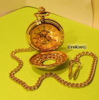 NEU mechanische Taschenuhr goldig mit Kette und Doppeldeckel