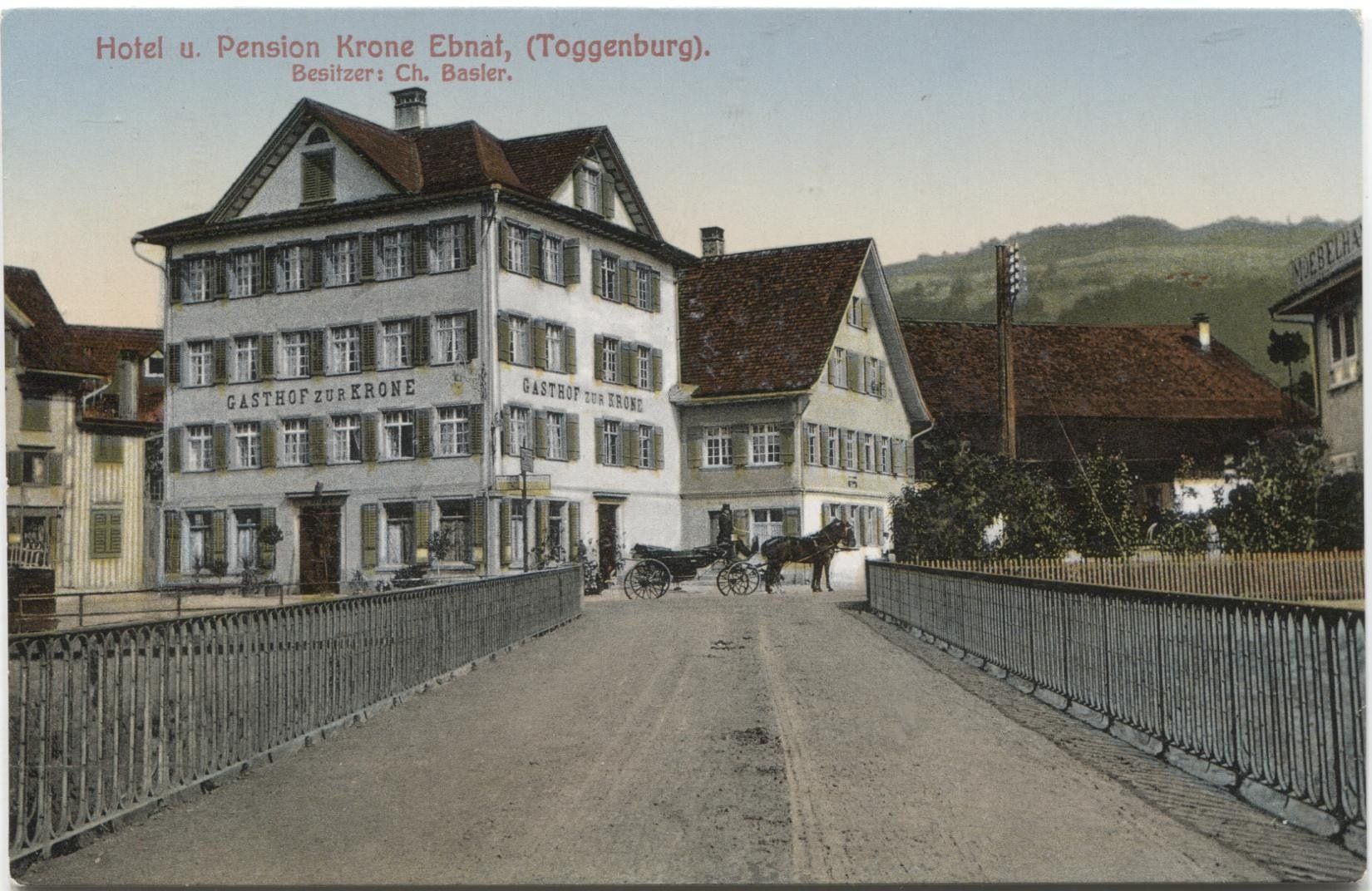 Ansichtskarten: EBNAT SG 1910 Restaurant Krone mit Kutsche – Gebraucht aus Wil SG von Clanx