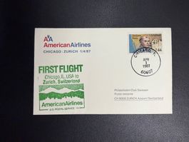American Airlines Erstflugbrief Chicago-Zürich 1987