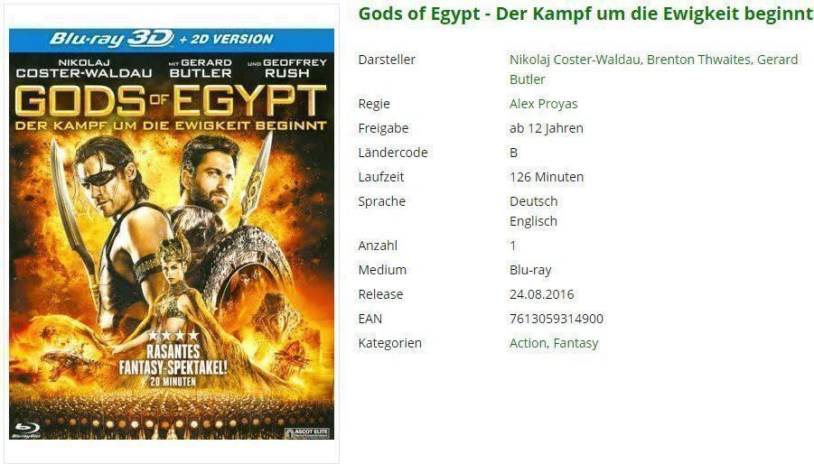 Tutti i DVDs: Gods of Egypt - Bluray – Usato da Buchrain venduto da Sssschaller