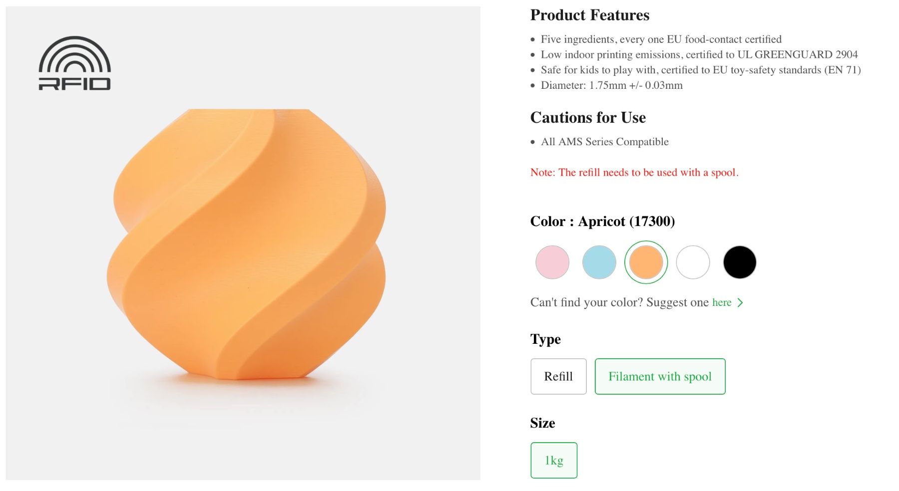 Filamento: Bambu Lab PLA Pure Apricot (17300) / with spool – Nuovo e nell'imballaggio originale da Aven venduto da psdigital 1