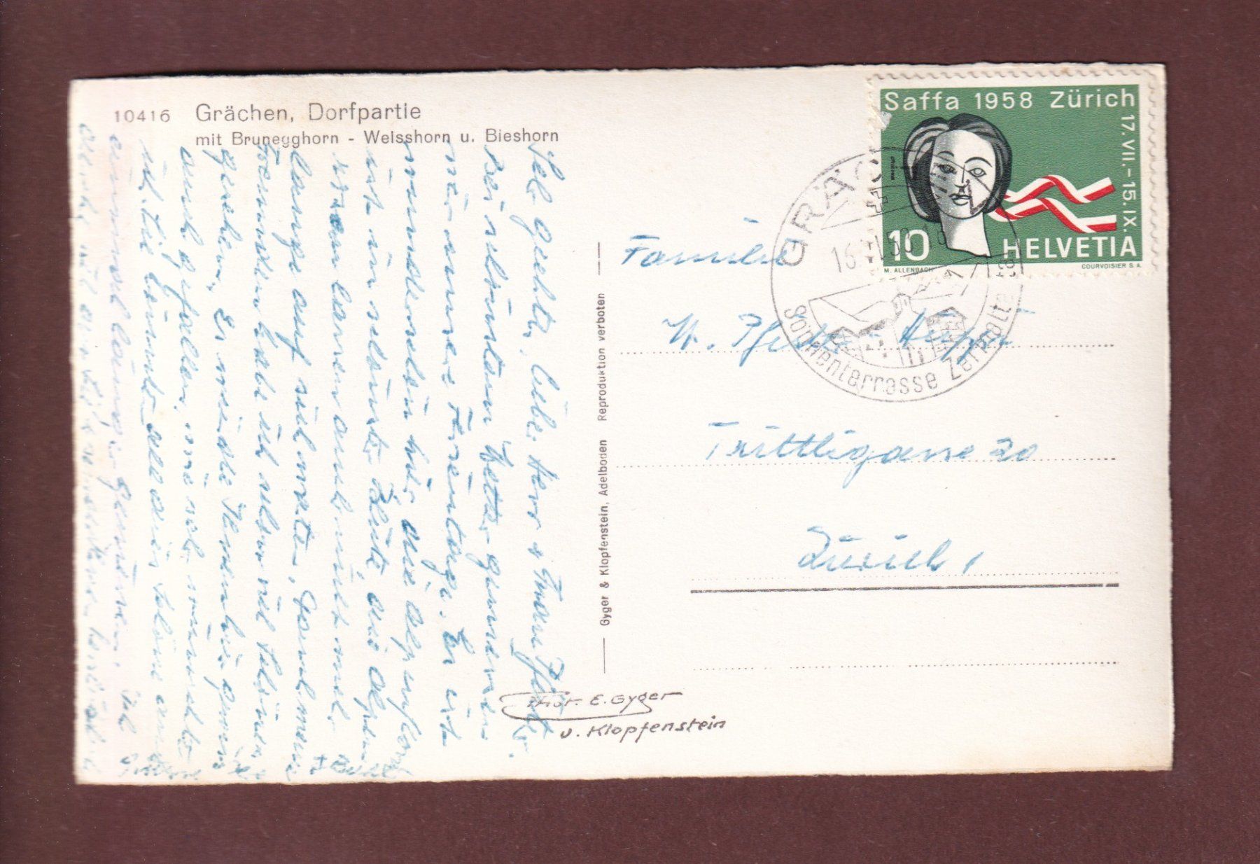 Cartes postales: GRÄCHEN - Dorfpartie - 1958 – D'occasion à Pully par nicecards-shop 1