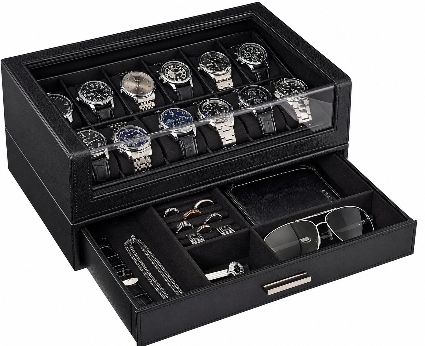 Scatole porta orologi: Uhrenbox 12 Fächer mit Schublade Glasdeckel schwarz – Nuovo e nell'imballaggio originale da Wittenbach venduto da SELVARO
