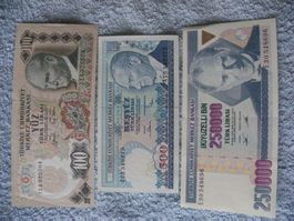 Türkische Lira Banknoten Sammlung, 3 Scheine, Selten!, Neu