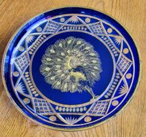 Edle Kristall-Glasschale mit Pfau, Goldrand, Vintage