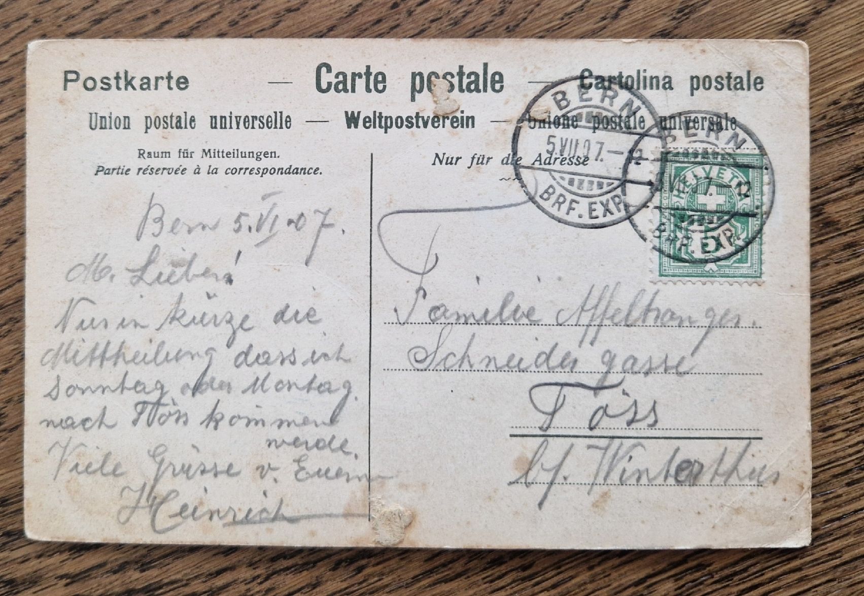 Ansichtskarten: Berner Münster 1907, n. Töss – Gebraucht aus Ebikon von Donar50 1