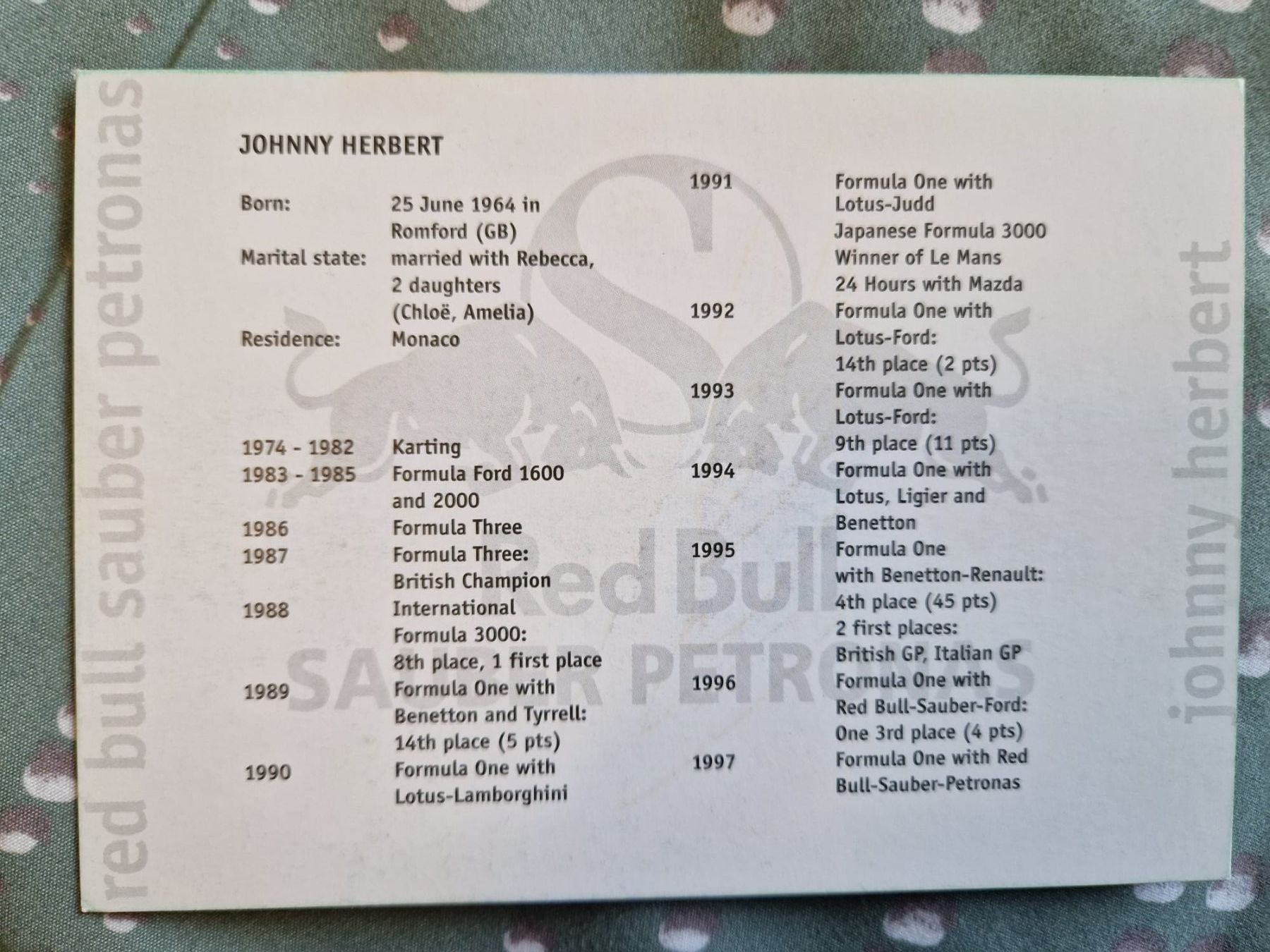 Autographes: Autographe de JOHNNY HERBERT F1 – D'occasion à Lutry par SwissBBCards 1