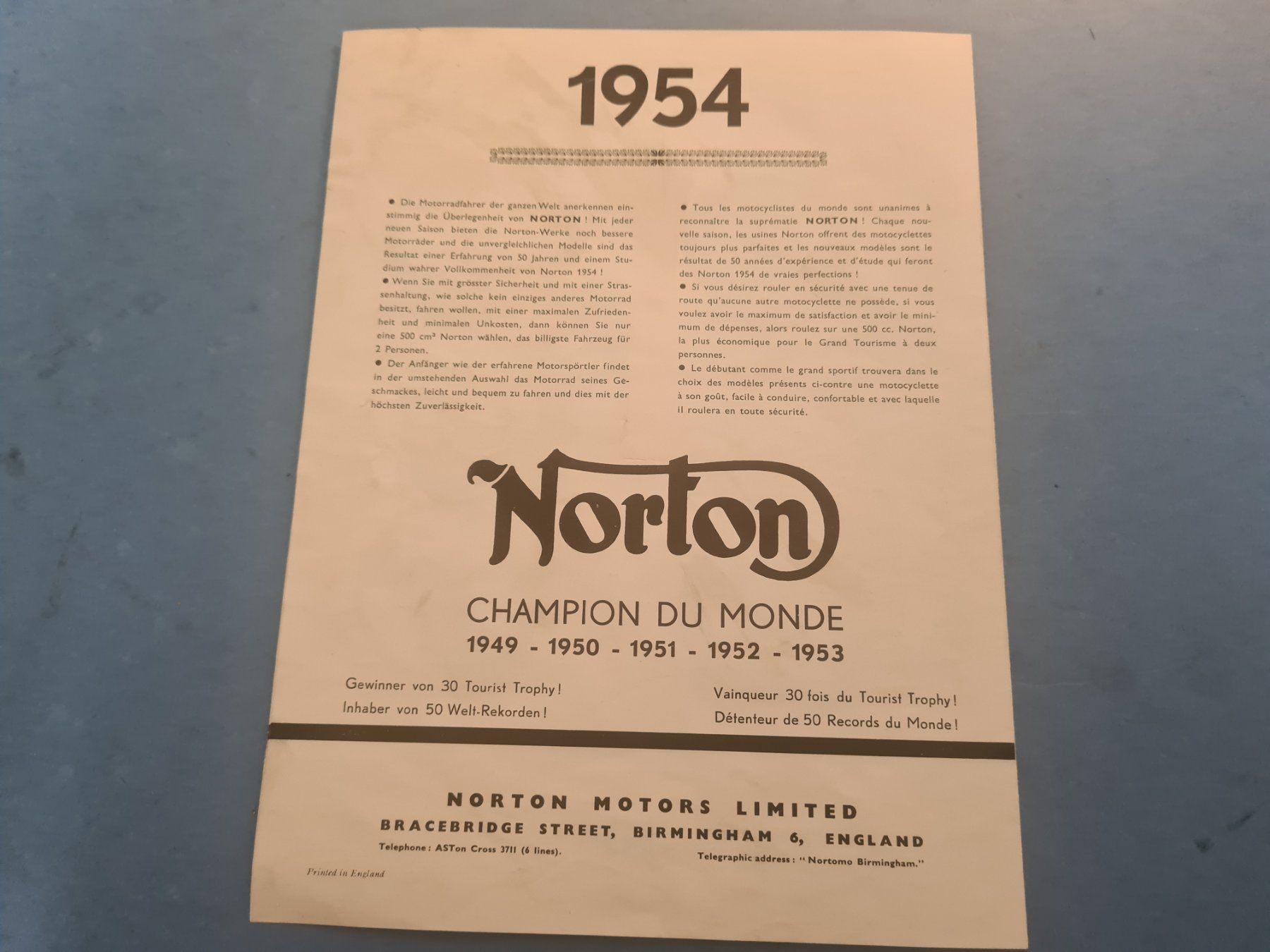 Norton Documenti: NORTON MOTORCYCLE 1954 SCHWEIZ PROSPEKT – Usato da Bellevue venduto da BURGOLMANIA 6