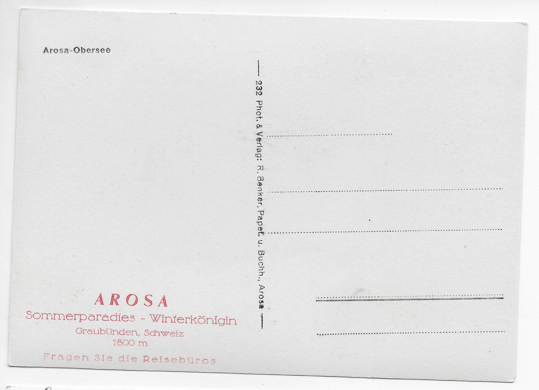 Ansichtskarten: Arosa- Obersee – Gebraucht aus Hefenhofen von Richsalz 1
