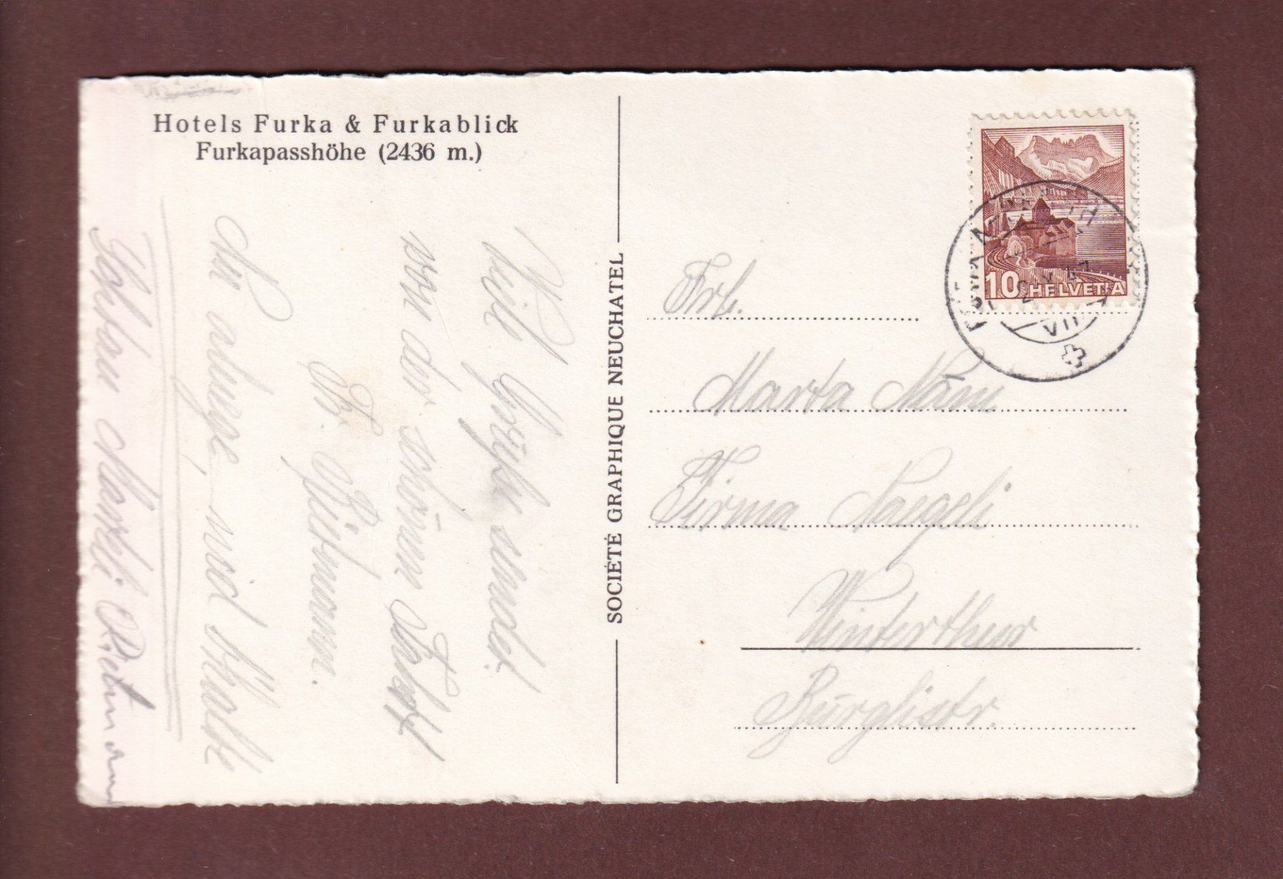Cartoline postali: FURKA-PASSHÖHE - Hotels - 1947 – Usato da Pully venduto da nicecards-shop 1
