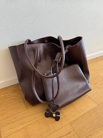 Large Brown Tote Bag / Laptop Bag with Matching Pouch